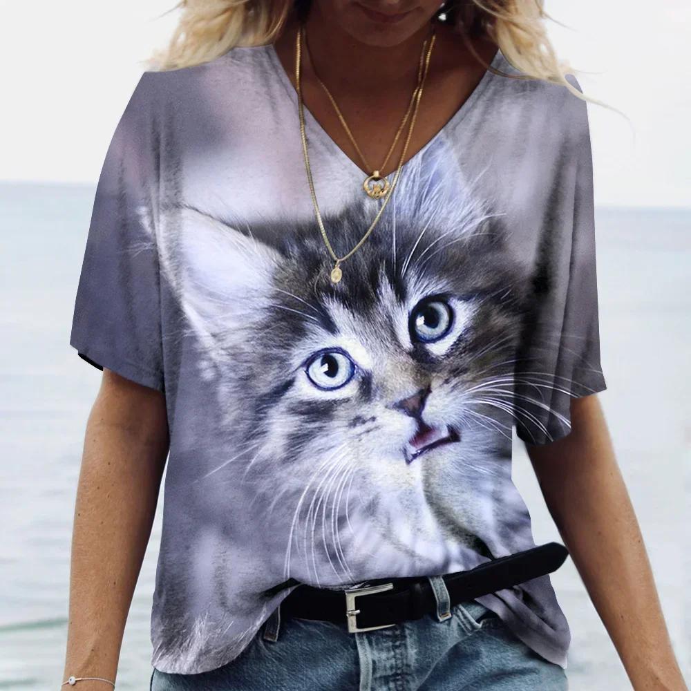 Übergröße Damen T-Shirt Kawaii Katzenaufdruck 3D T-Shirt Top Mädchen Y2k Kleidung Kurzarm T-Shirts V-Ausschnitt Lässig Urlaub Damen T-Shirt