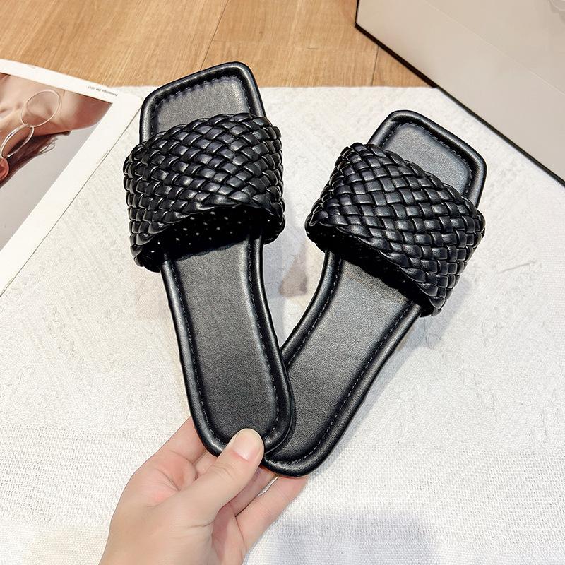 Large Size Flat-bottomed Slippers Women's Outer Wear Casual Simple Solid Color One-word Woven Belt Women's Slippers Slippers
