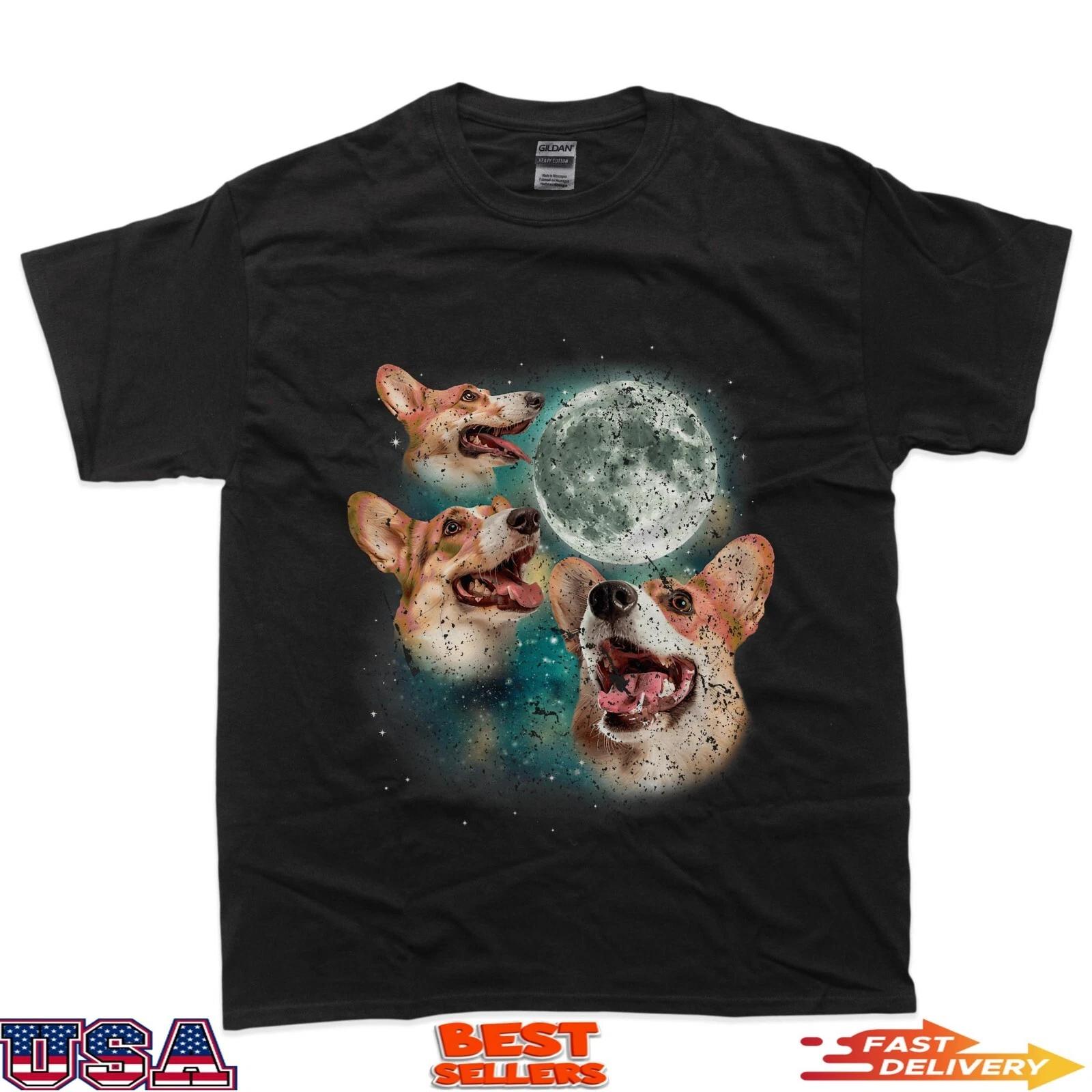 

Three Corgi Moon 3 Cute Corgi Pups Howling Dog Meme Canine 100% Cotton T-shirt Mens Tees Top S