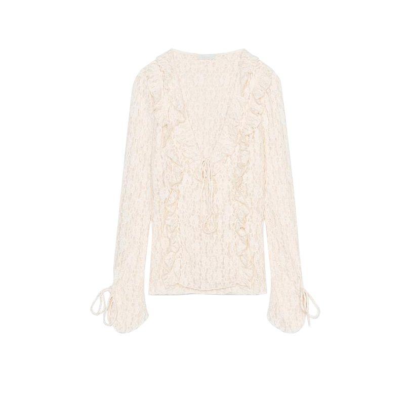 Women's Spring Clothing Romantic Style Bows Lace-up Long Sleeve V-neck Lace Laminated Decoration Tops 4813319