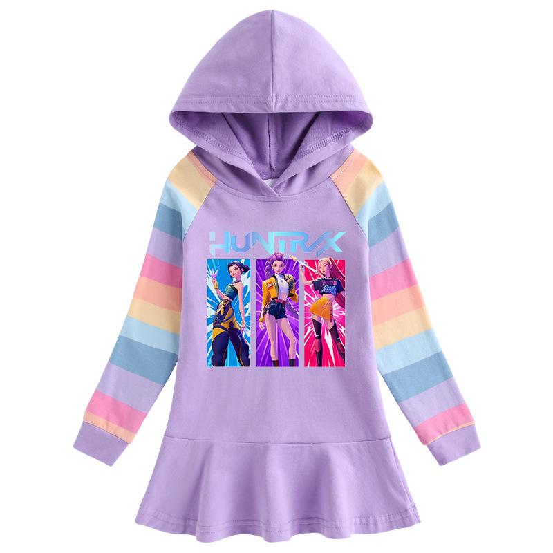 Kpop Demon Hunter Girls' Rainbow Ruffle Hooded Dress – Long Sleeve Princess Style for Spring & Autumn
