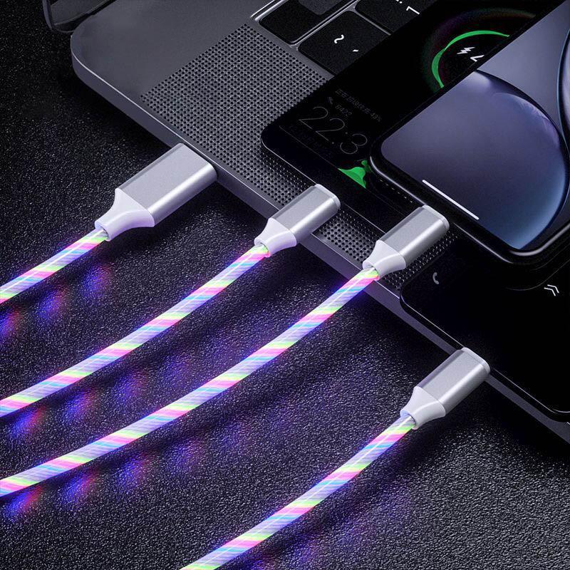 3 v 1 zářící tekoucí nabíjecí kabel Micro USB kabel typu C LED světlo Mobilní telefon Nabíjecí kabel pro iPhone 13 14 Xiaomi 11 12 Samsung oneplus oppo