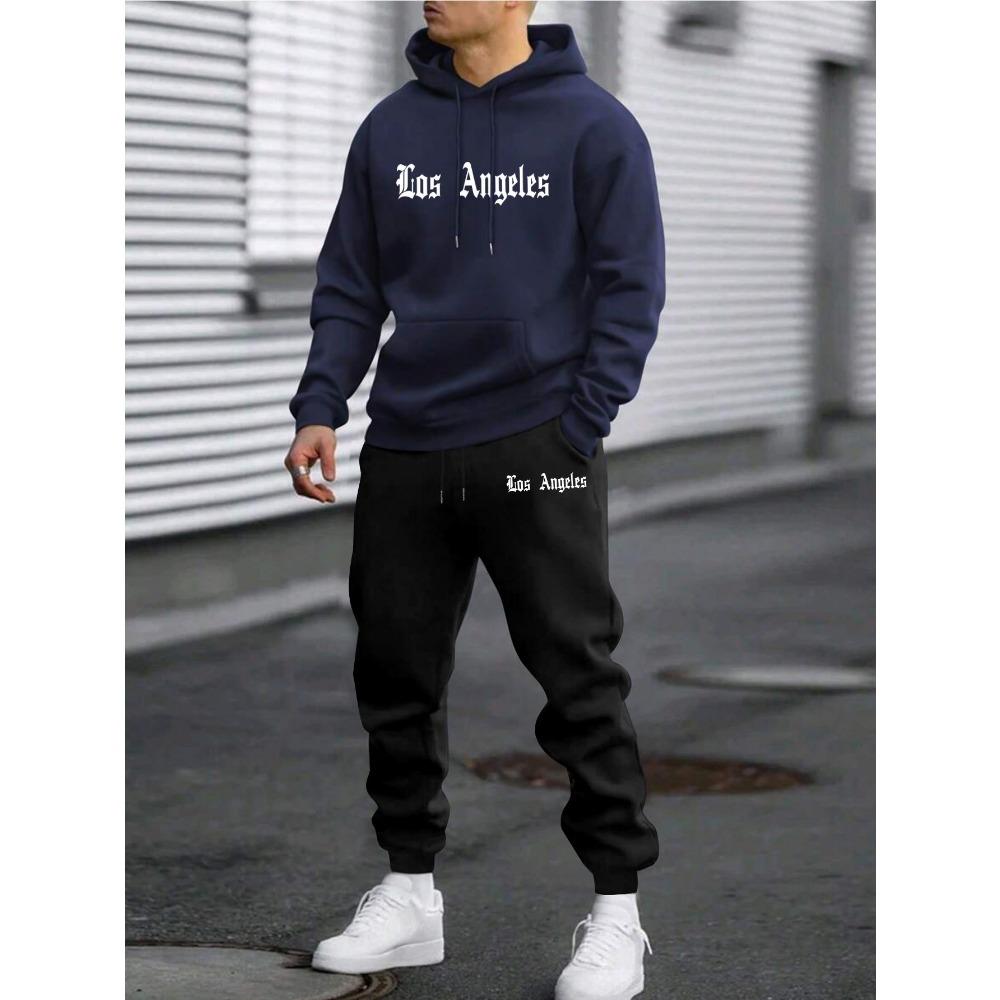 Casual Men's Letter Printed Fashionable Sportswear and Pants Set, Suitable for Autumn and Winter Outdoor Activities and Daily Wear