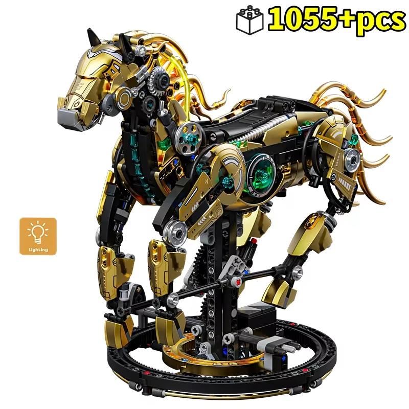 High-Standard 1055Pcs First-Class Mechanical Horse Self-Assembly First-Class Construction-Set Premium-Quality Building-Bricks Premium-Quality Moc with light