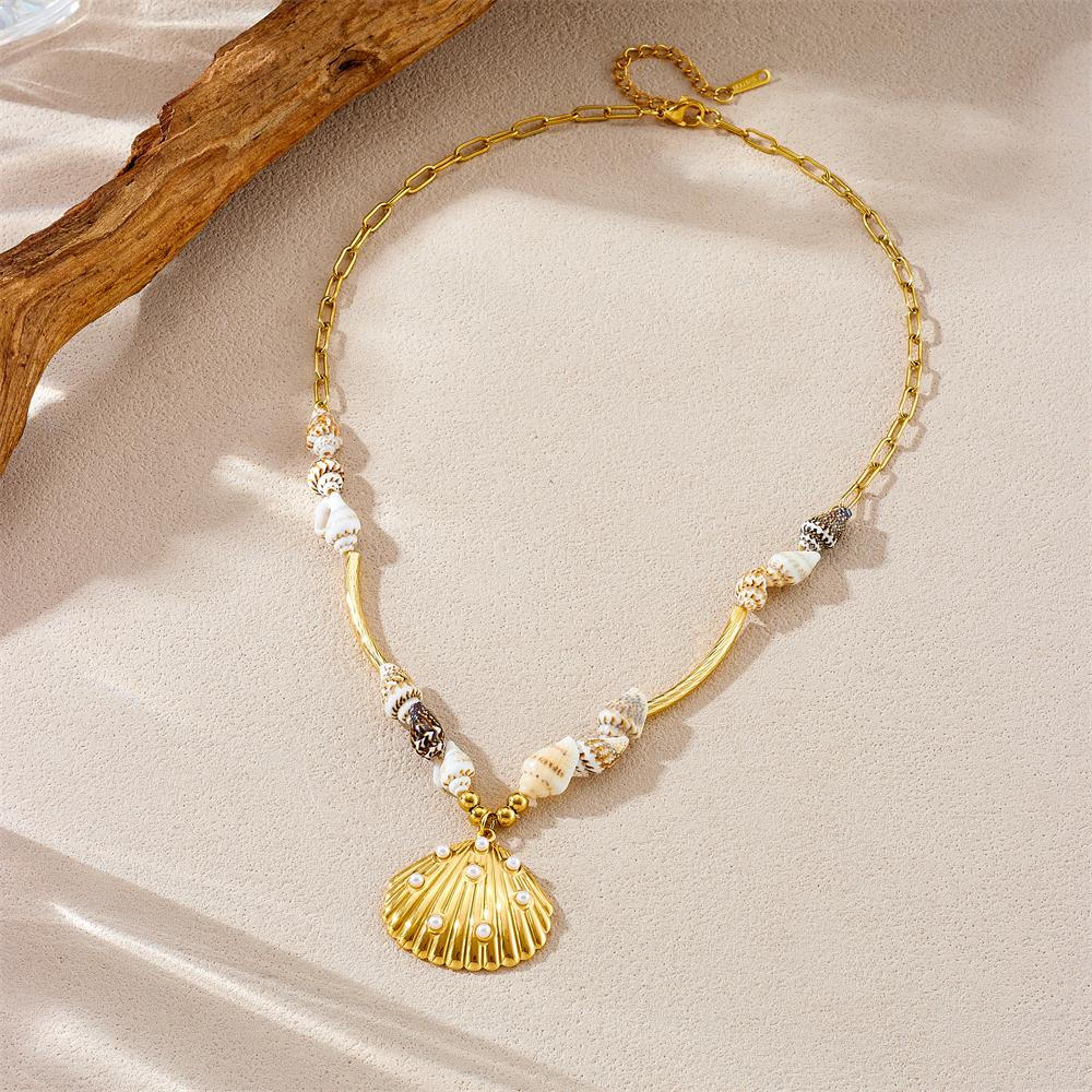 DIEYURO 316L Stainless Steell Conch Pearl Inlaid With Golden Scallop Pendant Necklace For Women Neck Chain Jewelry Holiday Gift