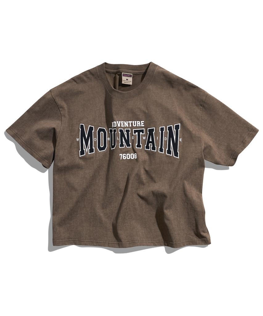 Peullukeu Crop World Mountain Embroidered Logo Pigment Short Sleeve T-Shirt Brown Fst741C