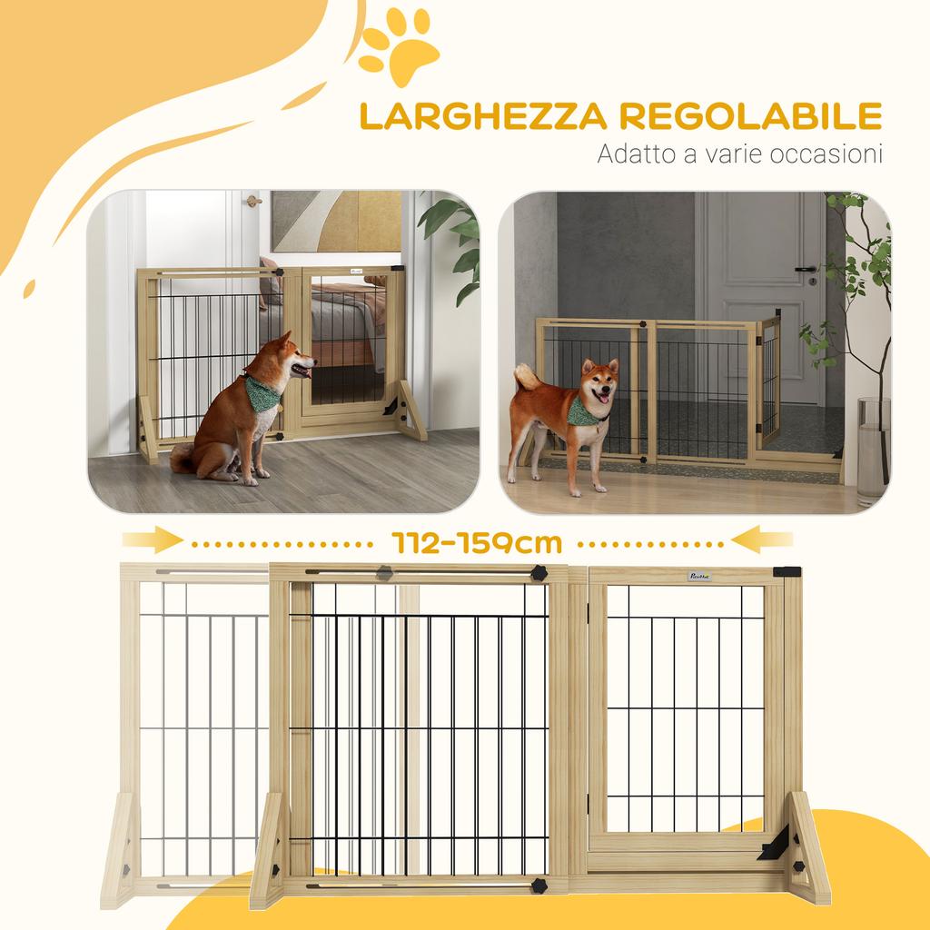 Extendable Dog Gate with Door and 2 Panels, Triangular Feet, 112-159x70 Cm, Natural Wood