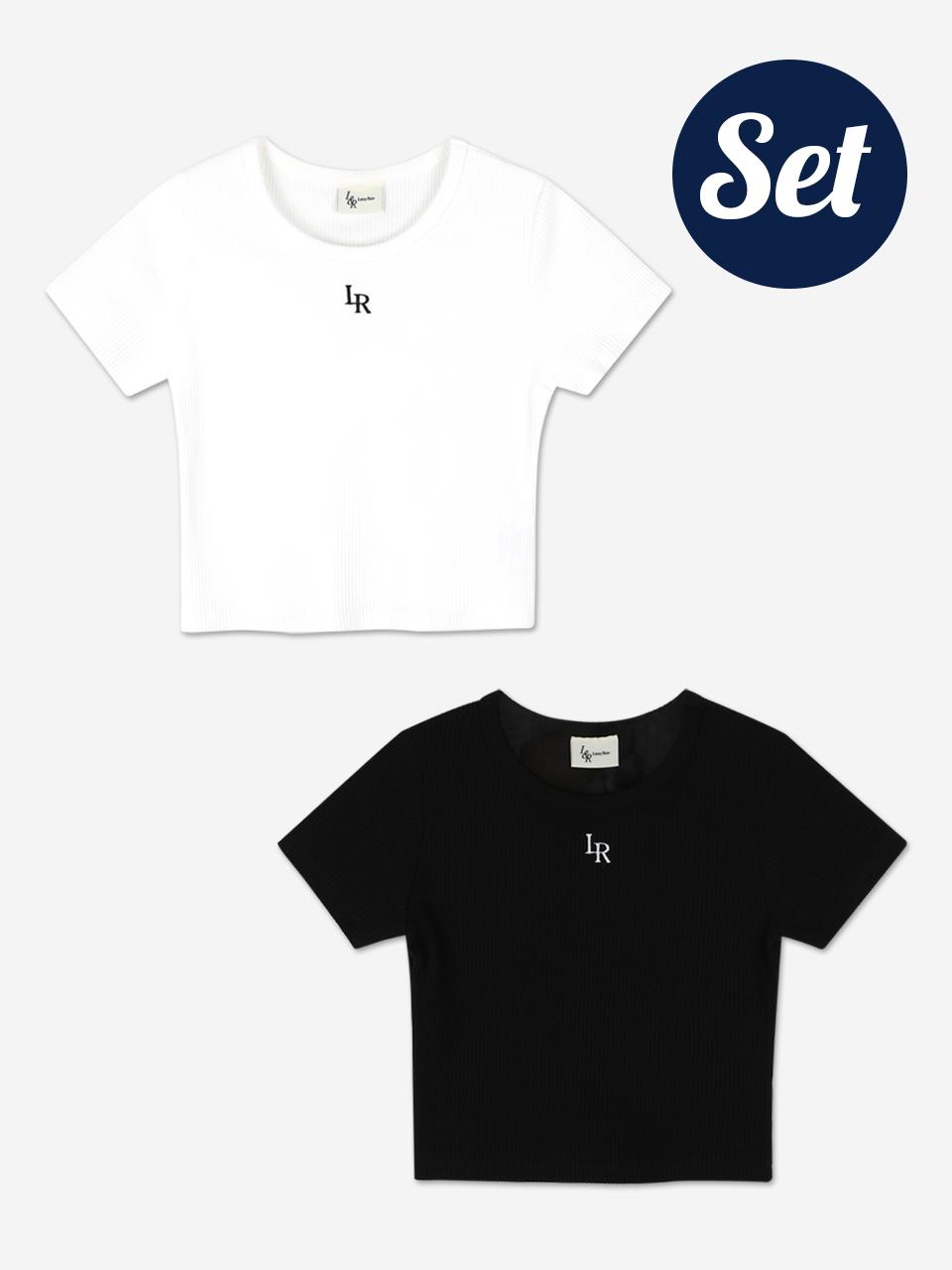 Rosiro [Set] Logo Ribbed Crop Half Sleeve T-Shirt White/Free