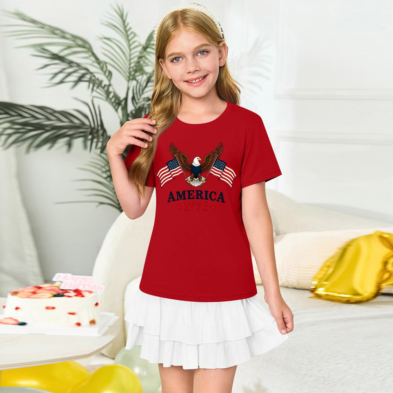 

Girls Crew Neck Short Sleeve T Shirt Printed Casual Tee Top Lightweight Comfortable Soft Fabric Suitable for Everyday Wear 130 червоний