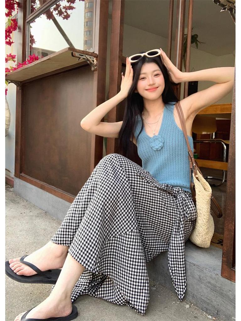 3D Kwiatowy Dekolt w Serek Dzianinowy Bez Rękawów Niebieski Top Tank - Damski Wyszczuplający Letni Design