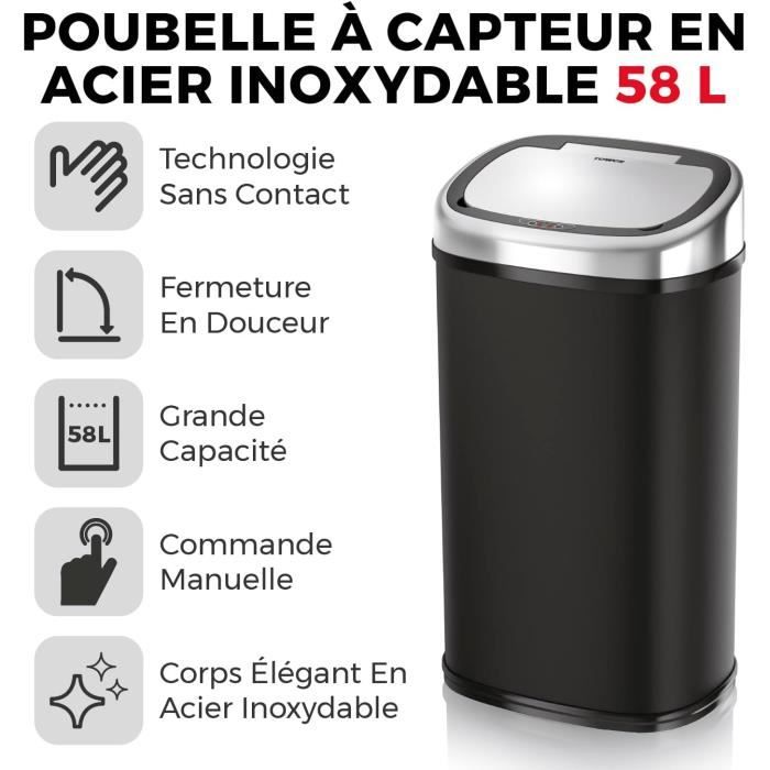 Poubelle Automatique en Acier Inoxydable avec Fermeture Automatique en Douceur - Tower T80900 - 58 L - Noir