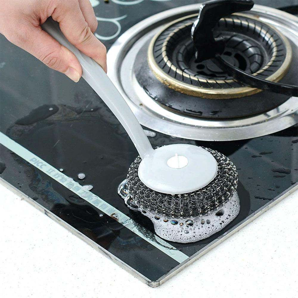 Steel Wire Ball Long Handle Brush Pan Dishes Cleaning Stainless Steel Cleaning Ball Household Wash Ball Wire Handle Brush