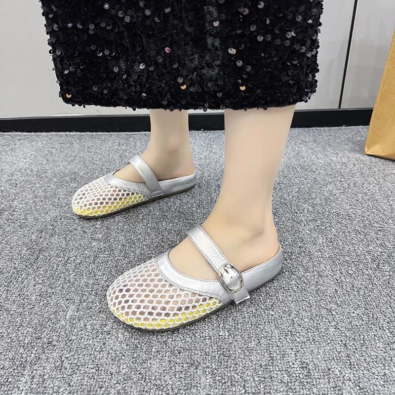 

Fashion Ladies Shoes New Summer Closed Toe Women s Slippers Fashion Belt Buckle Mesh Light Comfortable Sandals Concise Rome Flat Slipper 35