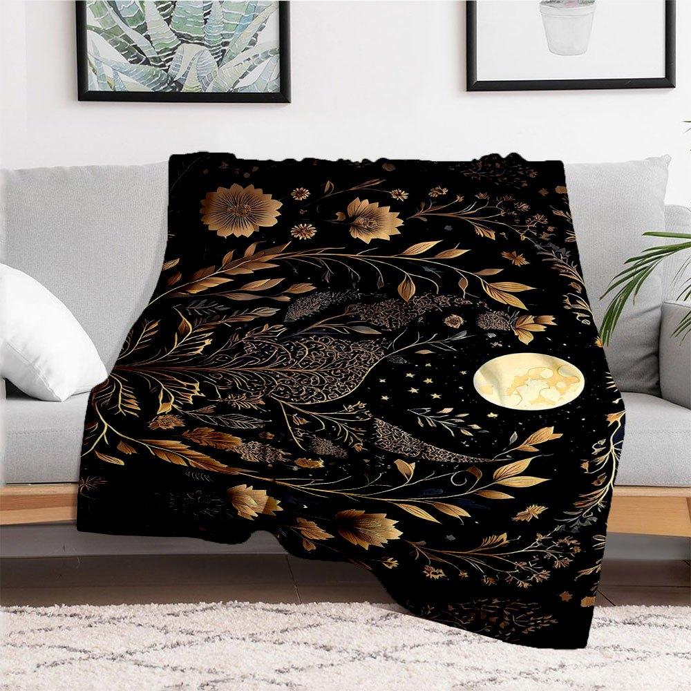 Golden Floral Night Sky Wall Art PrintBlanket Flannel Throw Blanket for Sofa, Bed, Travel, Camping, Office, Couch, Chair, And Bed Gift for C