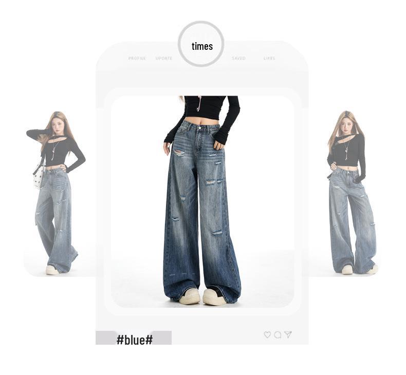 American Retro Wide-Leg Ripped Jeans - Women’s Fashionable Slimming Spring/Autumn Style
