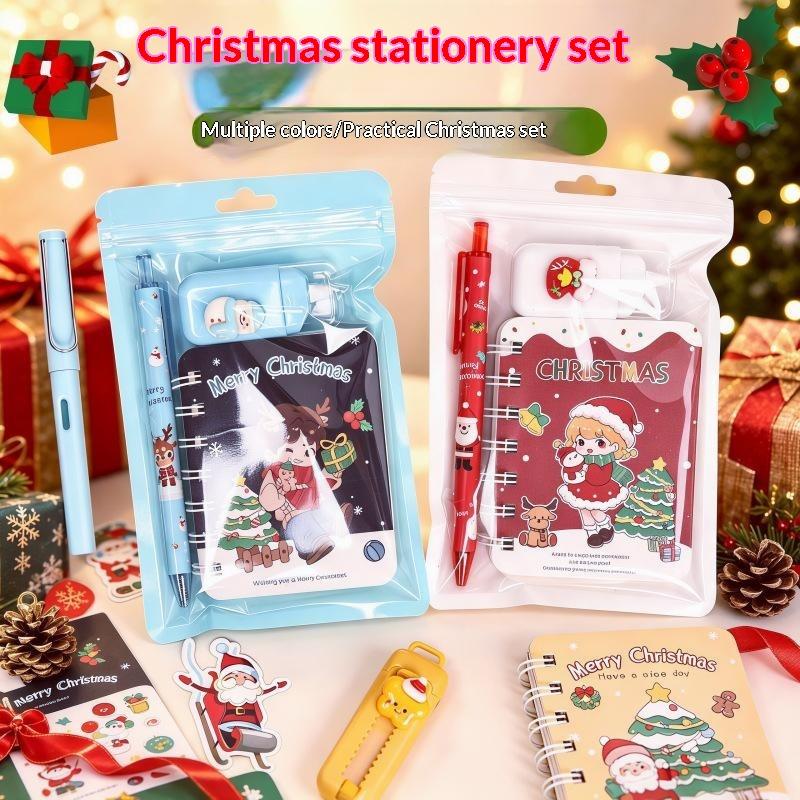 Christmas Stationery Set 3 In 1 Notebook Gel Pen Christmas Keychain Santa Snowflake Design Kids Gift