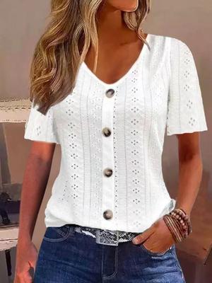 Autumn New Style Pure Color Jacquard V-neck Button Short-sleeved T-shirt Top