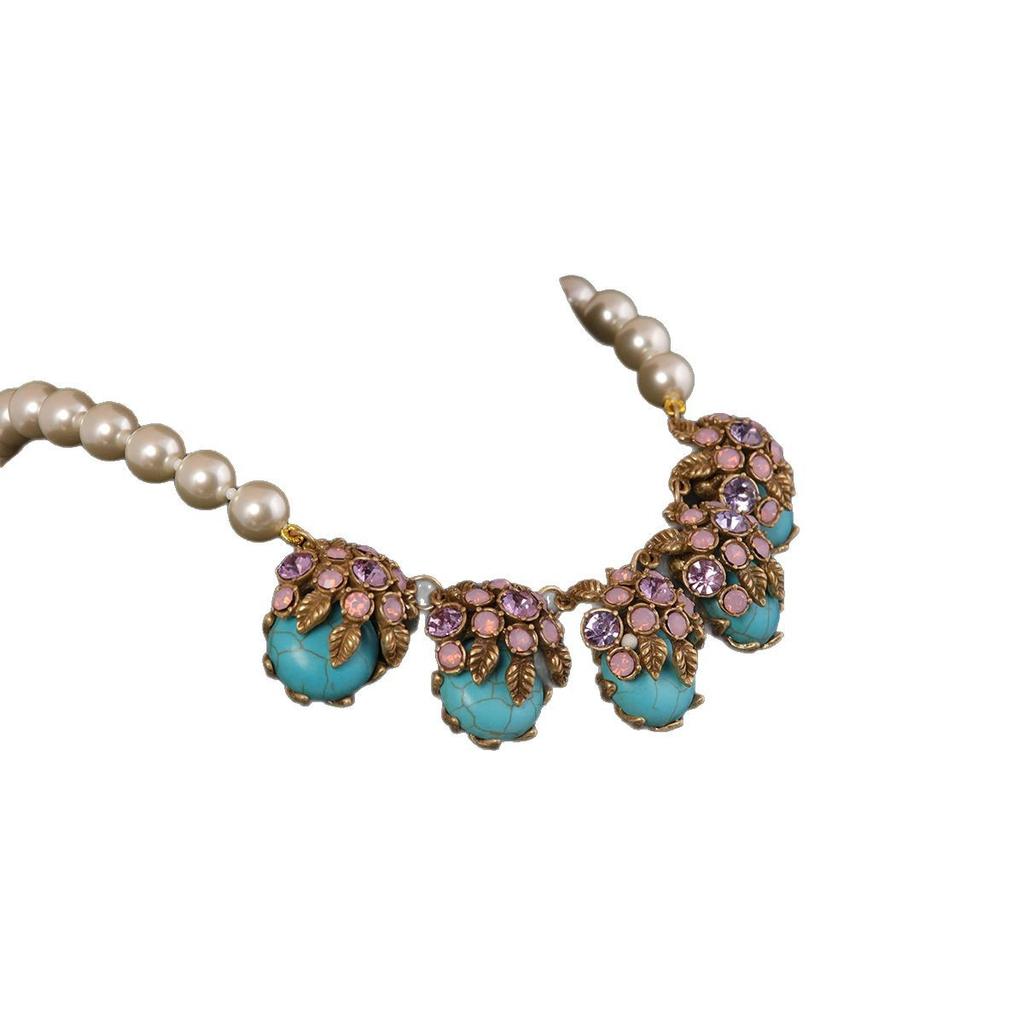 Medieval Vintage High-Grade Wind Temperament Copper-Plated Alloy Blue Pine Flower Ball Necklace Earrings Set