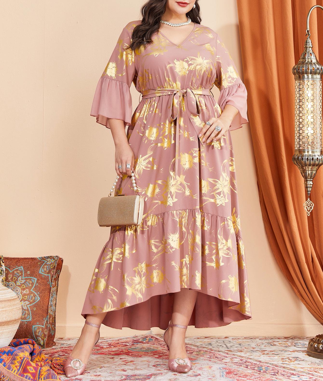 Women s Plus Size Elegant V-Neck Long Sleeve Printed Pullover Dress 2XL