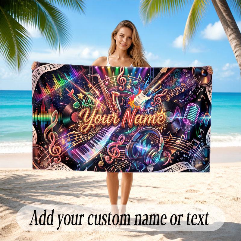 Music Guitar Theme Beach Towel Personalized Custom Name & Text Soft Quick Dry Beach Towel for Swimming Travel