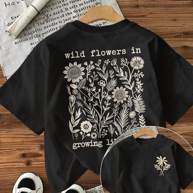Letter flower print short-sleeved crew neck T-shirt S