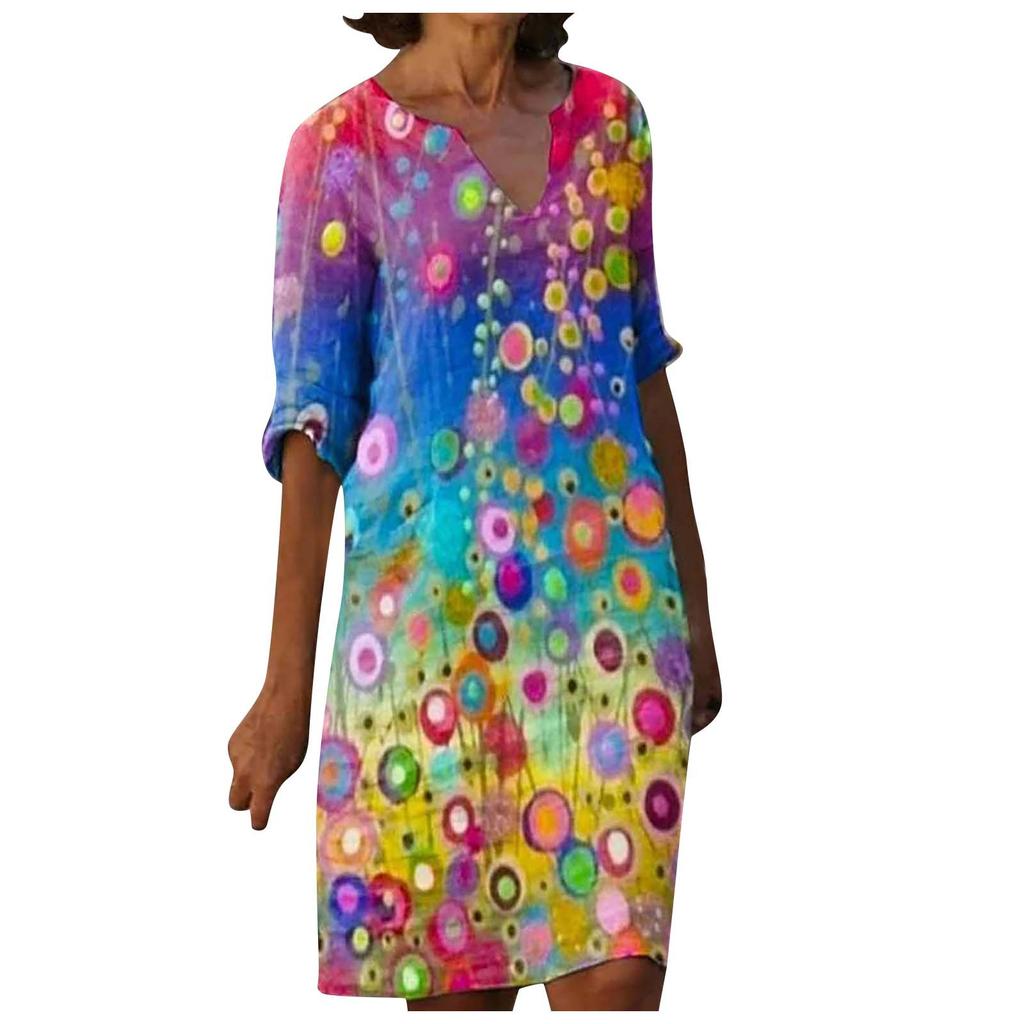 Women Summer V-neck Folk-custom Plus Size Print Loose Mid-sleeve Dress