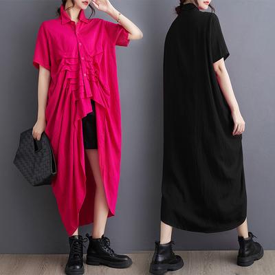 Women Plus Size Spring Summer Shirt Long Blouse Short Sleeve Buttons Asymmetrical Tops Tees Loose