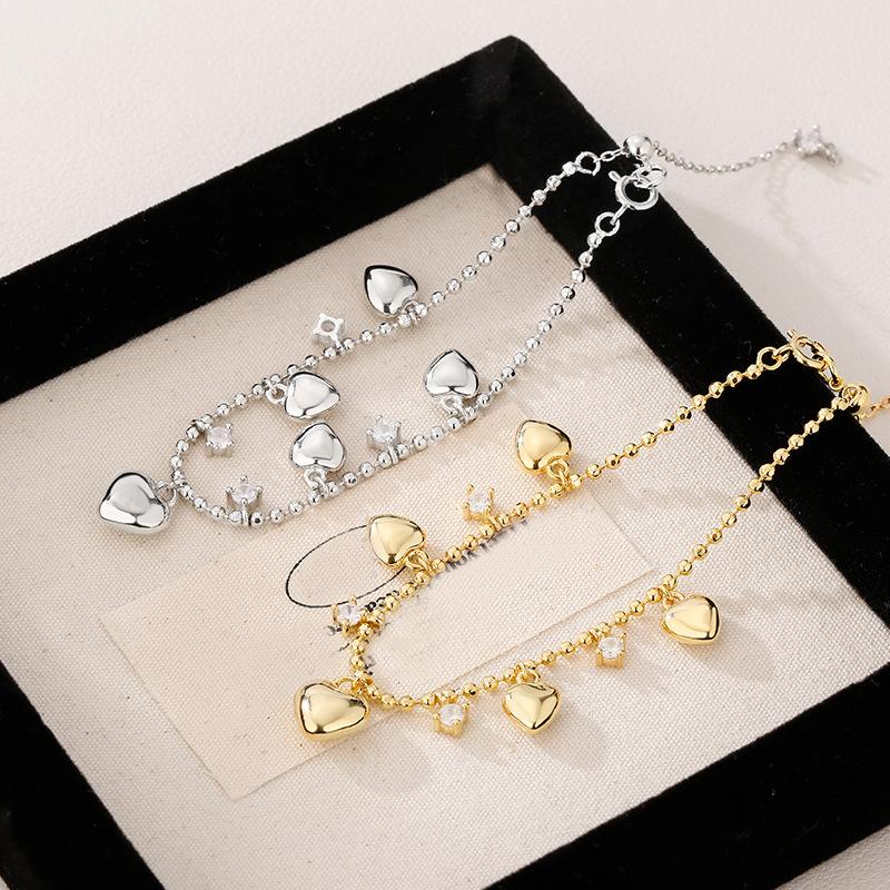925 Silve Love Heart Anklet for Women Zircon Bead Chain Tassels Sweet Adjustable Jewelry Gift