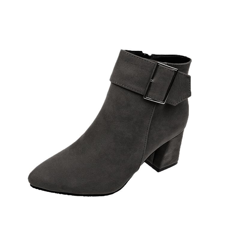 Autumn and Winter New High-heeled Thick-heeled Belt Buckle Pointed Large-size Short Boots Women's Suede Martin Boots Women's Shoes