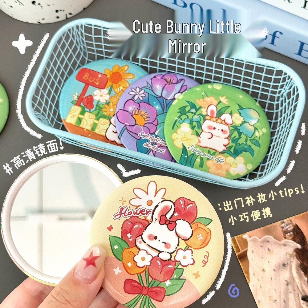 Cute Bunny Compact Mirror: Portable Cartoon Makeup Mirror for Students - High-Quality Mini Round Touch-Up Mirror