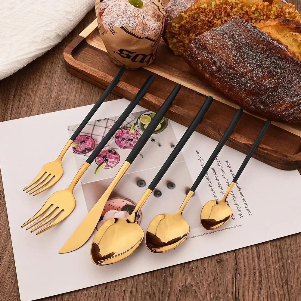 6Pcs Dinnerware Set Stainless Steel Tableware Mirror Dinner Silver Cutlery Set Knife Dessert Fork Spoon Flatware Kitchen Set