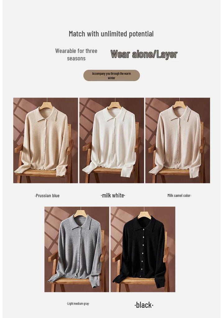 Women's Cashmere Polo Neck Sweater – Long Sleeve, Soft, Loose, Comfortable, Versatile, Solid Color.