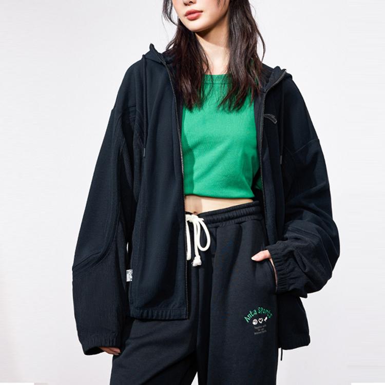 Anta Knitted Hooded Cardigan Sports Jacket Women outerwear Basic-Black 162317706-2