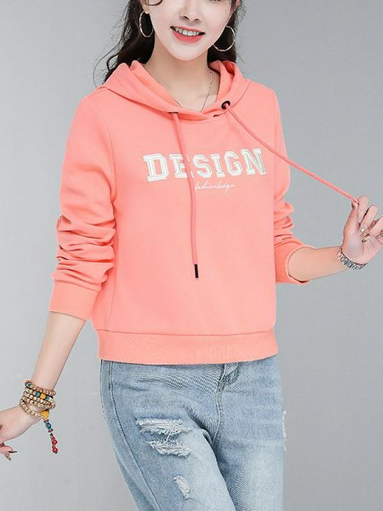 Women's Red Hooded Slimming Sweatshirt with Letter Embroidery - 2026 Autumn Collection, Long Sleeve Short Pullover