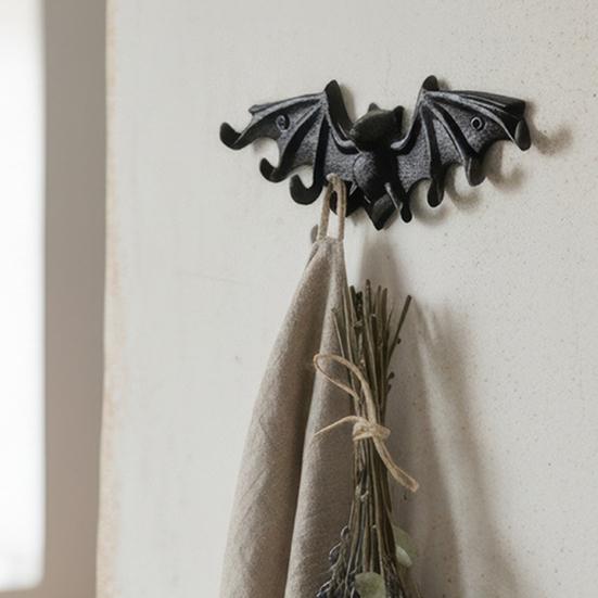 Yousheng Bat Wall Hooks, Black Cast Iron Gothic Coat Rack with 2 Prongs, Rustic Metal Hanging Organizer for Keys Hats Scarves, Industrial Home Decor