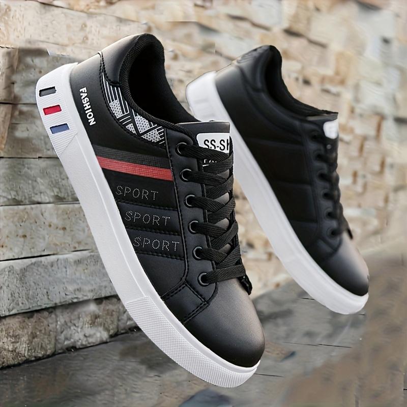 Men's Lace-Up Sneakers - White with Blue & Red Stripe Design, Breathable PU Upper, Durable PVC Sole, Comfortable Casual Shoes for Casual Attire