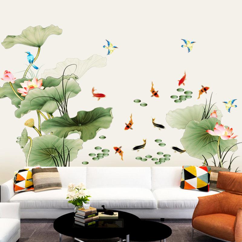 Pvc Lotus Carp Flying Bird Wall  Stickers Chinese Style Vinyl Wall Self-adhesive Wallpaper Bedroom
