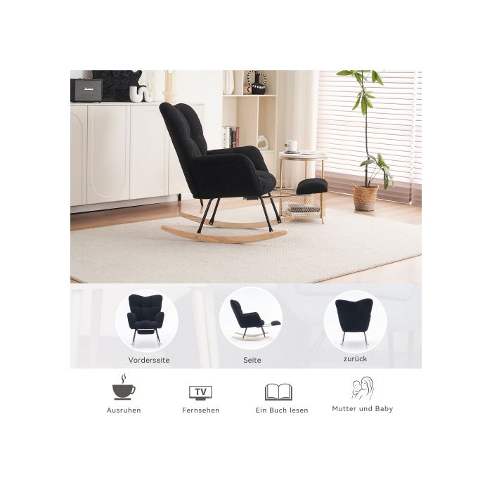 Nouveau Fauteuil À Bascule Contemporain Avec Housse Rembourrée En Taffetas Imprimé Oursons, Repose-pieds Extensible, Noir