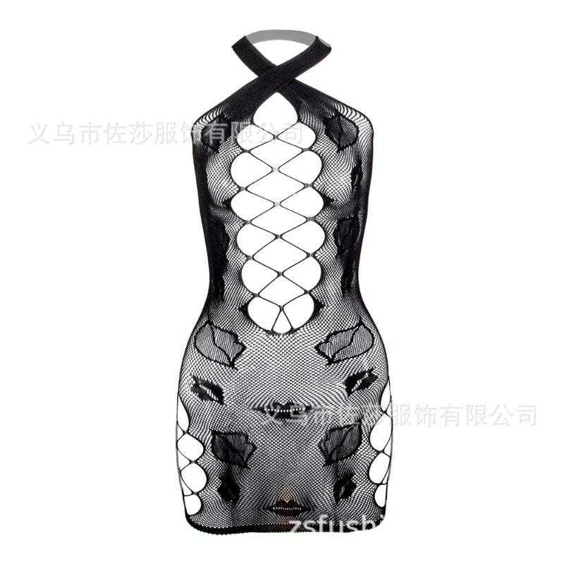 Sex clothes Suspender Crossed Hollow Black onesie Mesh hip skirt