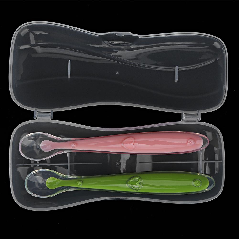 2PCS/Set Silicone  Soft Tip Spoons for Babies Over 4 Months Old with Box (Green and Pink)