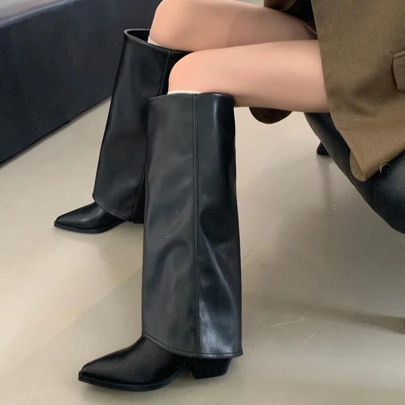 Mode Frühling Herbst Spitzzehen Kniehohe Stiefel Damen Designer Vintage Quadratische Niedrige Absätze Schuhe Modern Lang Botas Para Mujer
