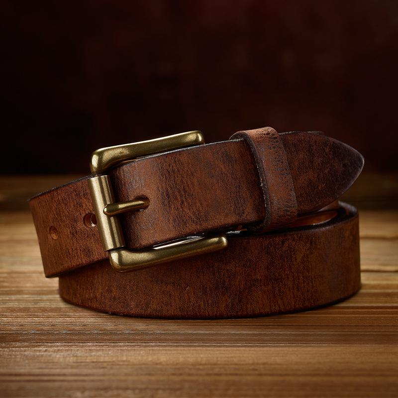 Retro Real Cowhide Belt Copper Buckle Men's Handmade First Layer Cowhide Belt Casual Jeans Belt