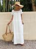 2025 summer new European and American cross-border foreign trade summer lace square collar pleated bubble sleeve long skirt seaside vacation style