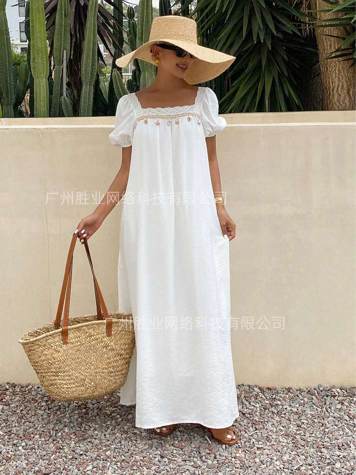 2025 summer new European and American cross-border foreign trade summer lace square collar pleated bubble sleeve long skirt seaside vacation style