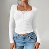 Women's Casual V-neck Buttoned Sexy Slim Ribbed Knit Long-sleeve Top
