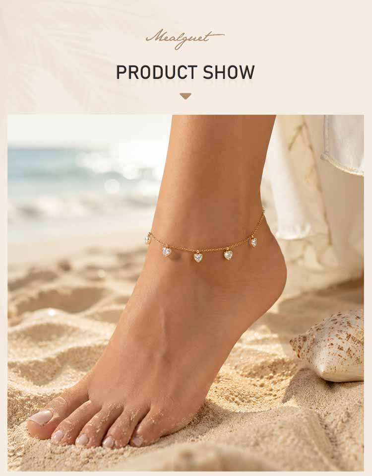 Heart Stainless Steel Anklet Bracelet Waterproof Gold Plated CZ Stone Satellite Chain French Style Jewelry for Women