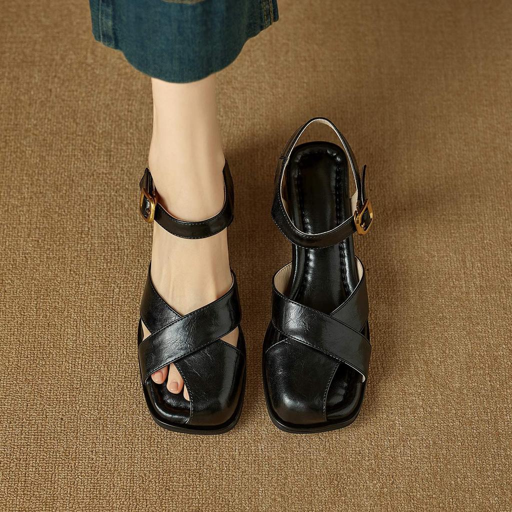 Krazing Pot Cow Skin Hollow Decoration Thick Heels Peep Toe Party Summer Size 41 Gladiator Superstar Women Sandals