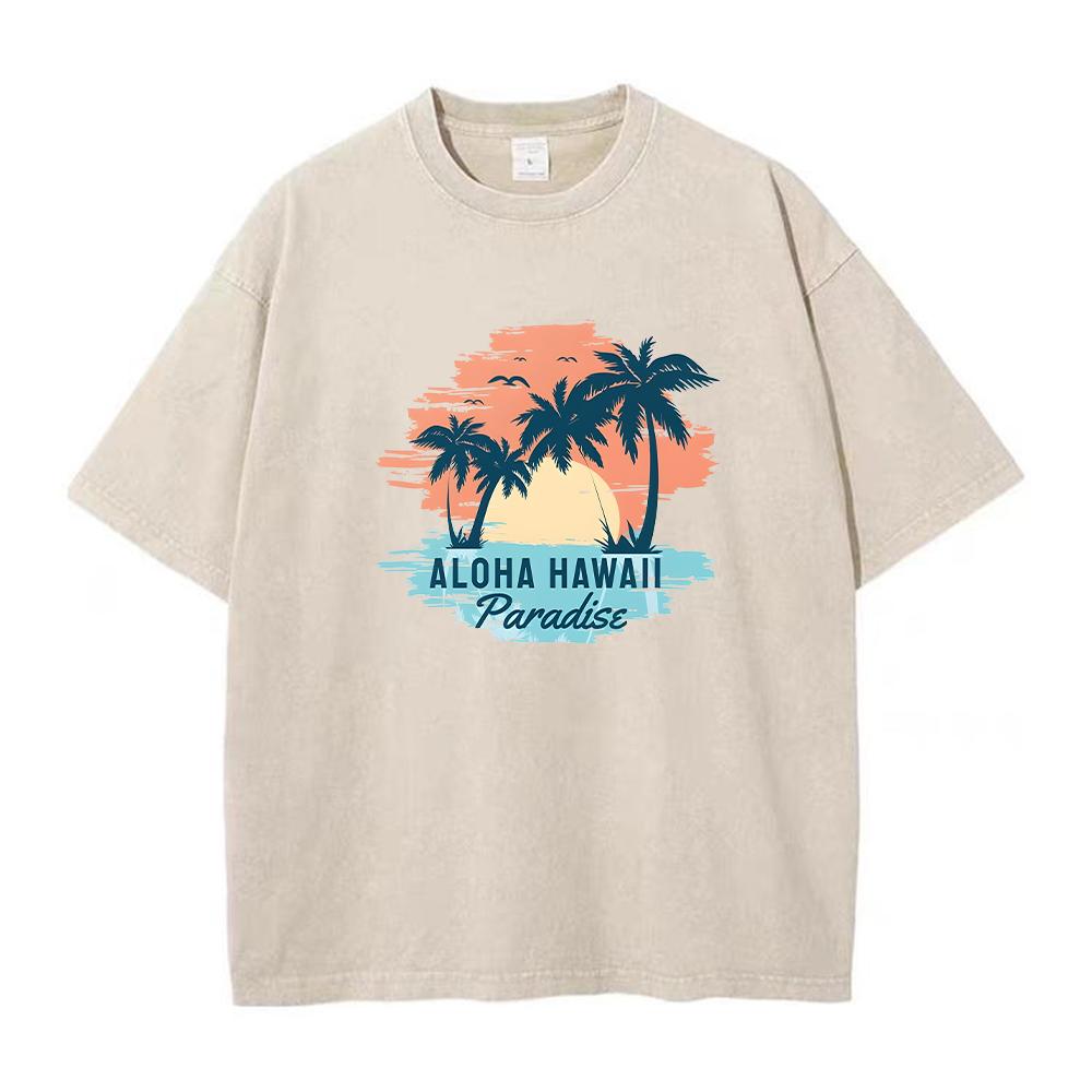 Mens Distressed Washed T Shirt With HAWAII Coconut Tree Print Pure Cotton Short Sleeve Vacation Style Casual Loose Fit Top