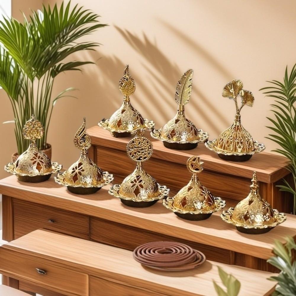 Alloy Metal Incense Burner Retro Gold Mini Censer Holder Star Moon Pattern Hollow Out Incense Stick Burner Muslim Ramadan