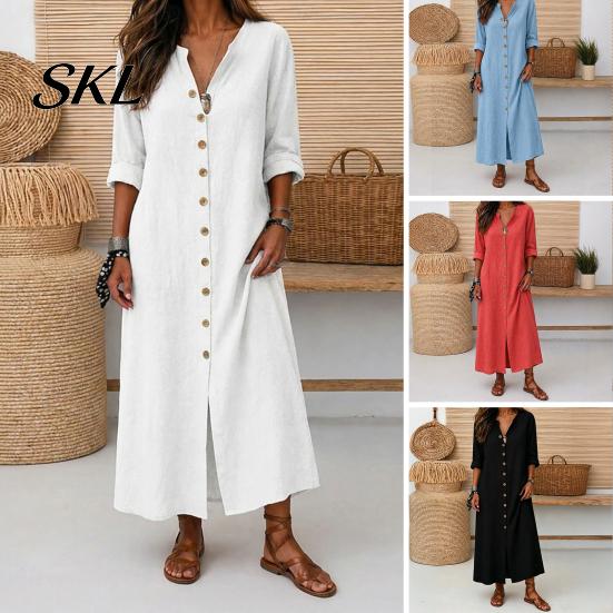 Beach Dress Women Women's Summer Button Down Long Dress, Casual Loose V Retro Style Neck Tunic Roll Up Sleeve Vacation Lounge Outfits Solid Color